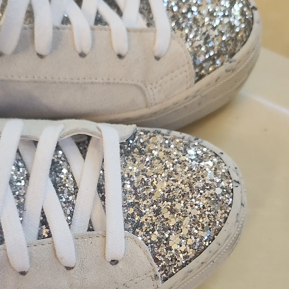 P448 Women's White Suede Sneakers with Silver Glitter Toe & Heel - Picture 7 of 8
